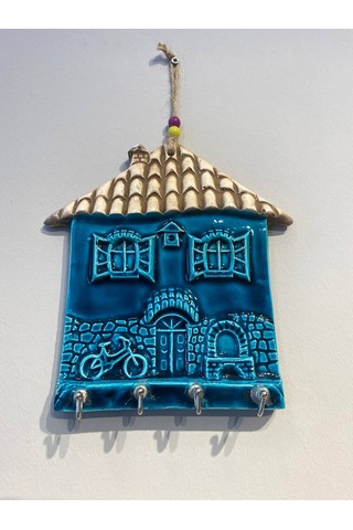 El Yapımı Nazar Boncuğu, Duvar Dekorasyon Ürünü, Seramik, El İşçiliği, Turkuaz Renkte Ev Desenli Anahtarlık -