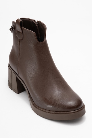 Luvishoes Luvi Shoes Mier Kahverengi Cilt Zincir Detaylı Kadın Kalın Topuklu Bot Kahverengi Deri