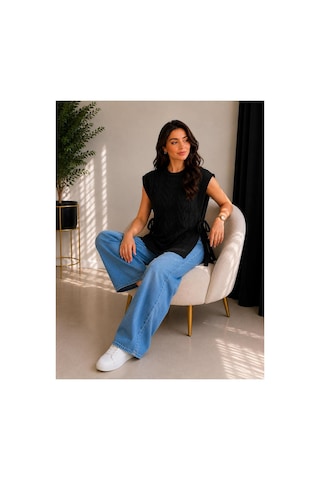 Hira Life Fashion Kadın Bisiklet Yaka Yanları Açık Bağcıklı Oversize Triko Süveter Siyah Siyah