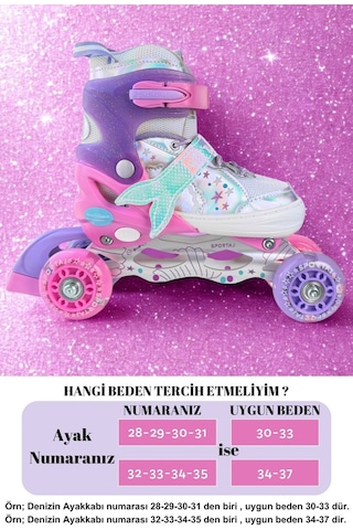 Deniz Kızı Işıklı Kız Çocuk Pateni Silikon Teker Ayarlanabilir Paten Taşıma Çantalı Pembe Lila Pembe