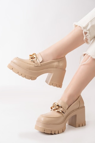 Asmi Shoes Kadın Zincir Tokalı Karmi 8 Cm Topuklu Platformlu Loafer Ayakkabı Bej Bej