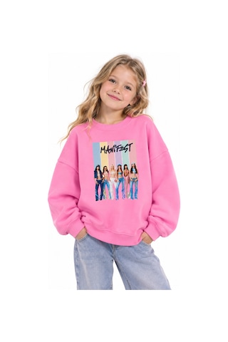 Fasardi Super Bear Adventure Baskılı Oversize 3 İplik Şardonsuz Uzun Kollu Unisex Çocuk Sweatshirt Pembe