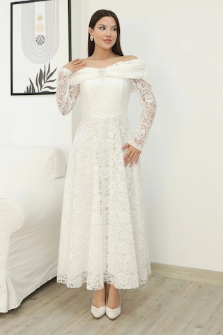 Aşkın Büyüsü Dantel Abiye Elbise 6055-beyaz Beyaz