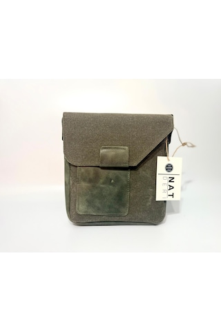 Natderi Hakiki Deri Ve Kanvas Omuz Çantası 20x21 Cm Ayarlanabilir Askılı, Ön Cepli Unisex Günlük Çanta Haki