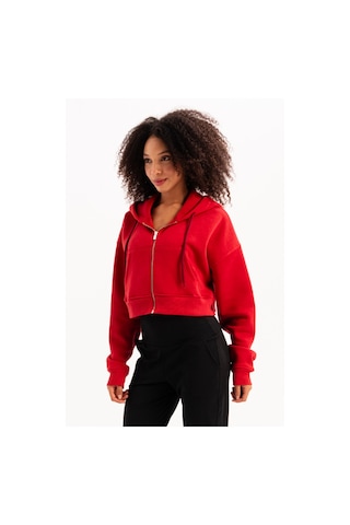 Justever Crop Kapüşonlu Fermuarlı Kanguru Cepli Şardonlu Hoodie Kırmızı Kadın Sweatshirt - Lumen Kırmızı