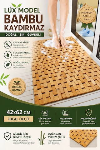 Lüx Model Bambu Kaydırmaz Banyo Paspası 42x62 Cm Suya Dayanıklı Doğal Bambu Zemin Matı Ahşap