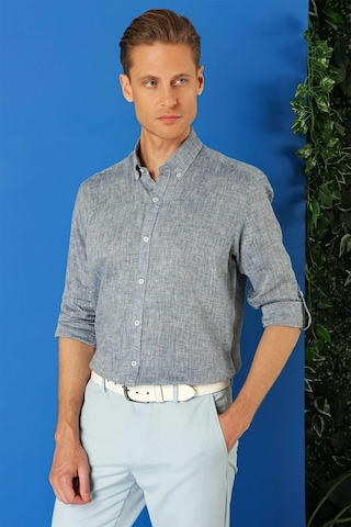 Efor Comfort Fit Düğmeli Yaka %100 Keten Apoletli Casual Lacivert Gömlek G 1564 Lacivert