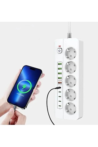 3500w Akım Korumalı 5 Li Grup Priz: 5x Usb + 5x Type-c Çıkışlı 2 Metre 2 M