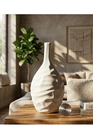 Dalgalı Model El Yapımı Özel Seri Testi Modeli Seramik Vazo 30 Cm Beyaz