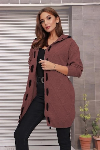 Aqe Fashion Kapüşonlu Kabartma Desenli Şerit Garnili Tarçın Hırka Tarçın