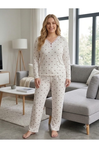 Kadın Büyük Beden Uzun Kollu Desenli Dantel Detaylı Kaşkorse Kumaş Pijama Takımı Beyaz Kiraz
