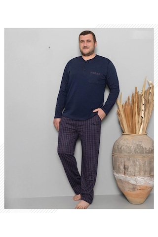 Pijamoni Erkek Battal Düğme Yaka Penye Uzun Kol Pijama Takımı 6720/8 - 1 Adet Lacivert