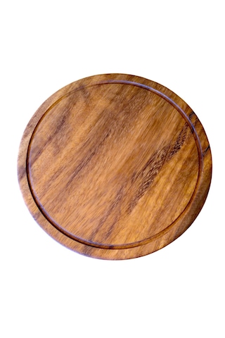 F&s Woodart Tek Parça Masif İroko Ağacı 25 Cm Yuvarlak Oluklu Pizza Sunum Kesme Sunum Tahtası Kahverengi