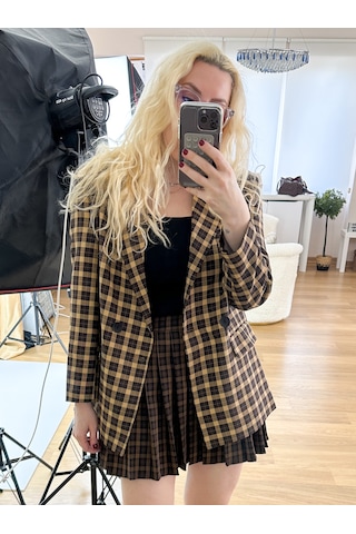 Modaonna Ekose Desen Rahat Kalıp Blazer Ceket Kahverengi