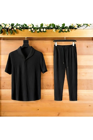 Unisex Kadın/erkek Özel Bürümcük Krinkıl Kumaş Yazlık Likralı Kısa Kol Tişört Eşofman Elbise Takım Siyah - Siyah