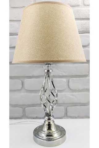 Gümüş Gri Rustik Burgulu Taşlı Metal Ayak Kahverengi Kumaş Abajur Krom