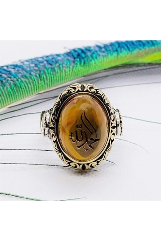 Vog Elhamdülillah Yazılı Tuğralı Sıkma Kehribar Taşlı 925 Ayar Gümüş Erkek Yüzük