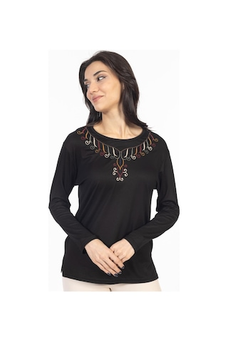 Yeni Model 2024 Nakış İşlemeli Yuvarlak Yaka Likralı Anne Penye Bluz 6450-siyah