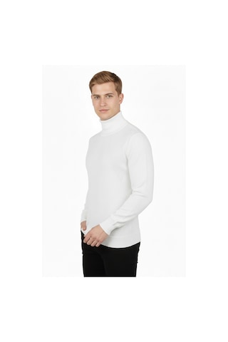 Deepsea Erkek Beyaz Tam Balıkçı Yaka Yanları Desenli Slim Fit Boğazlı Triko Kazak 2505495 Beyaz