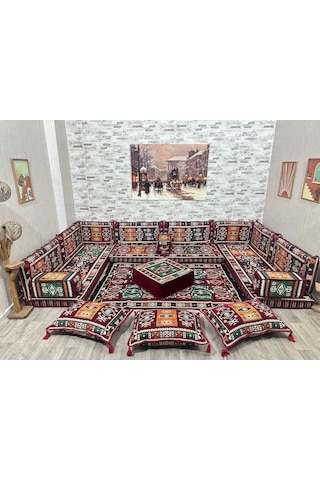 Coton Şark Köşesi Bordo Milas Desenli Minder Takımı