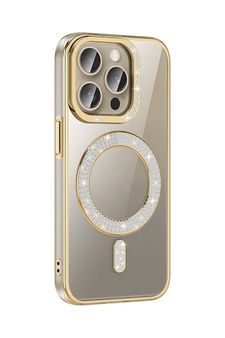 Apple Uyumlu iPhone 15 Pro Max Kılıf Pırlanta Taş Tasarımlı M-safe Şarj Özellikli Zore Karetta Silikon Kapak Gold