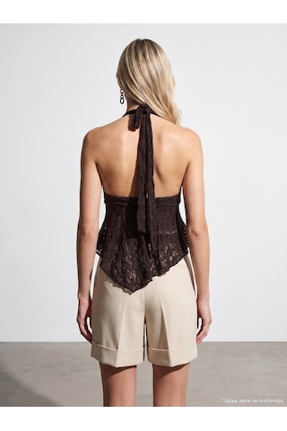 Dilvin 21228 Dantel Halter Yaka Top-koyu Kahve