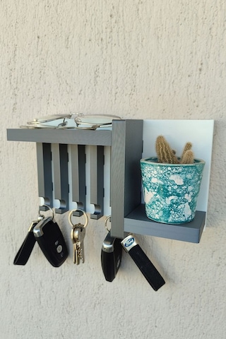 Gri Anahtarlık Askısı 13 X 24 Cm Duvar Süsü Plastik Duvara Yapışt Beyaz