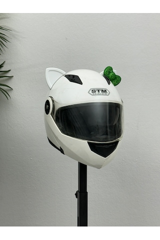 Motor & Motosiklet Yeşil Fiyonklu Beyaz Kedi Kulak Kask Dış Aksesuarı Diğer