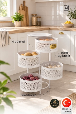 River World Tekerleksiz Rengi Beyaz Açılabilen 4 Katlı Çok Amaçlı Metal Raf Mutfak, Balkon, Kiler Çok Renkli
