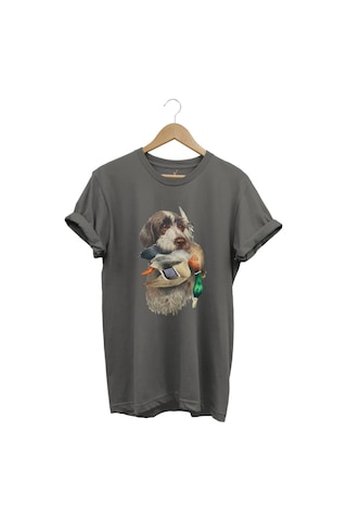 Avcılık Hunter Av Köpeği Ağzında Çulluk Kuşu Baskılı Çulluk Avı Regular Fit %100 Pamuk Gri T-shirt Antrasit