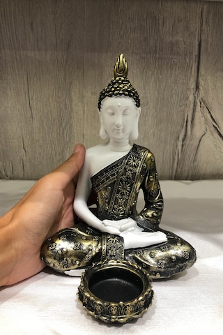 Pirinç Görünümlü Beyaz Buda Tealight Mumluk - Meditasyon Duruşlu