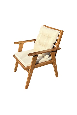 Heybeli Ahşap Bahçe Balkon Sandalyesi Düğmeli Minderli Ahşap