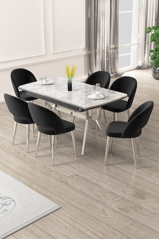 Canisa Weps Serisi 89x150 Açılabilir Lak Panel Rampla Gri Krom Ayak Masa Takımı Ve 6 Siyah Sandalye Rampla Gri Masa Siyah Sandalye Krom Ayak