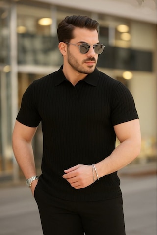 Butik İstanbul Erkek Kısa Kollu Yakalı Çizgi Desenli Triko Bluz Siyah