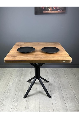 Roma Ceviz Mutfak Yemek Masası Balkon Masası Kavisli Köşe Metal Siyah Ayak 80 Cm