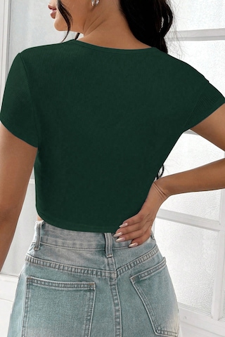 Modi Kadın Yeşil Yarım Kol Düz Yaka Crop Top Bluz