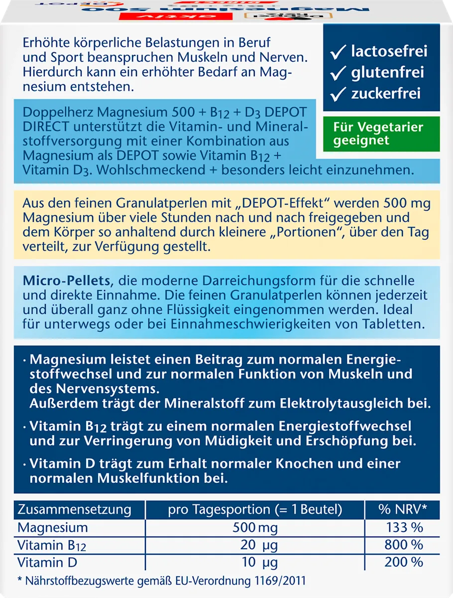 Doppelherz Magnezyum 500 + B12 + D3 Direkt Granül 20 Adet