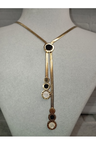 Siyah-beyaz Mineli Gold Renk Kolye Gold