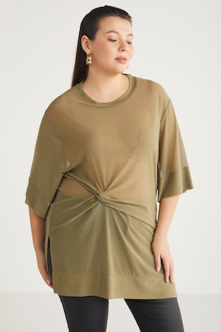 ETHIQUET YUKINBB Kadın Drape Detaylı Mesh Kumaşlı Yuvarlak Yaka Haki Büyük Beden Tunik