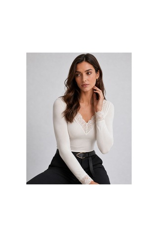 Unika Boutique Dantelli Kaşmir Uzun Kollu Bluz Beyaz