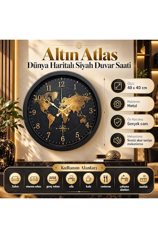 Altın Atlas Dünya Haritalı 40 X 40 Cm Siyah Metal Duvar Saati