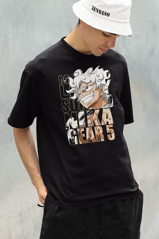 Nika Gear 5 Anime Karakter Baskılı Unisex Oversize Tişört Siyah