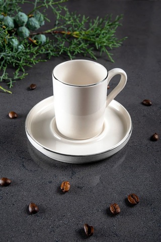 12 Parça 6 Kişilik Stackable Platin Gümüş Yaldızlı Kahve Fincan Takımı - Kahve Fincanı Seti 100ml Beyaz Gümüş