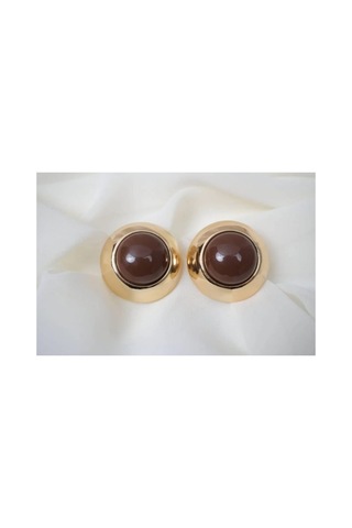 Lunarie Büyük Yuvarlak Vintage Düğme Küpe 14k Gold Çerçeveli Kahverengi