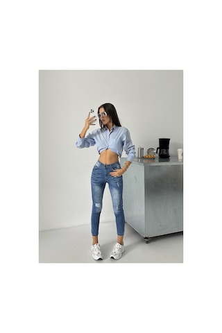 Blue Marlın Kadın Lazer Yırtık Mavi İşlemli Kot Dar Paça Pantolon Jeans Lacivert