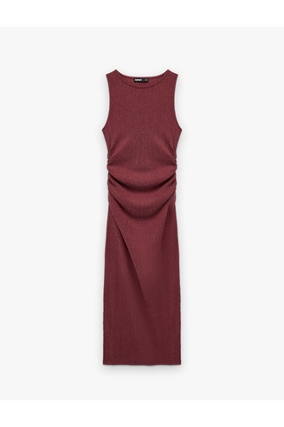 Koton Bürümcük Kumaş Drape Detaylı Bisiklet Yaka Uzun Kalem Elbise Bordo 6sak80205ek