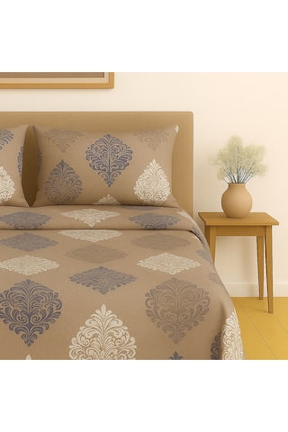 Çift Kişilik Desenli Nevresim + 2 Adet Kapaklı Yastık Kılıfı Açık Kahverengi