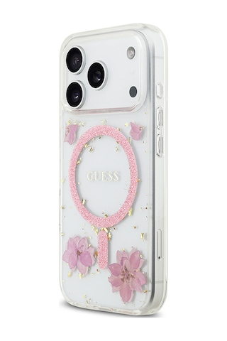 Apple Uyumlu iPhone 17 Pro Kılıf Guess Lisanslı M-safe Şarj Özellikli Transparan Resin Flowers Kapak Pembe Pembe