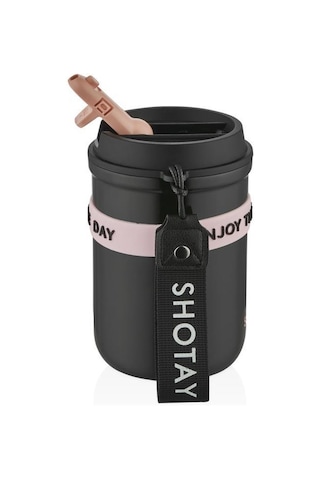 Shotay Strow Çelik Termos Mug 410ml Siyah Siyah
