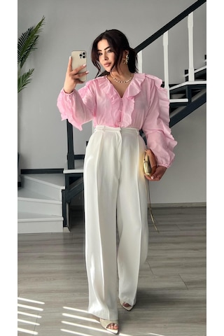 Orijinal Marka Pembe Fırfırlı Gömlek Pembe